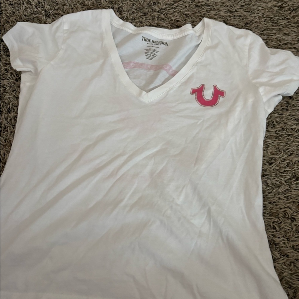 True Religion White Tee with Pink Emblem